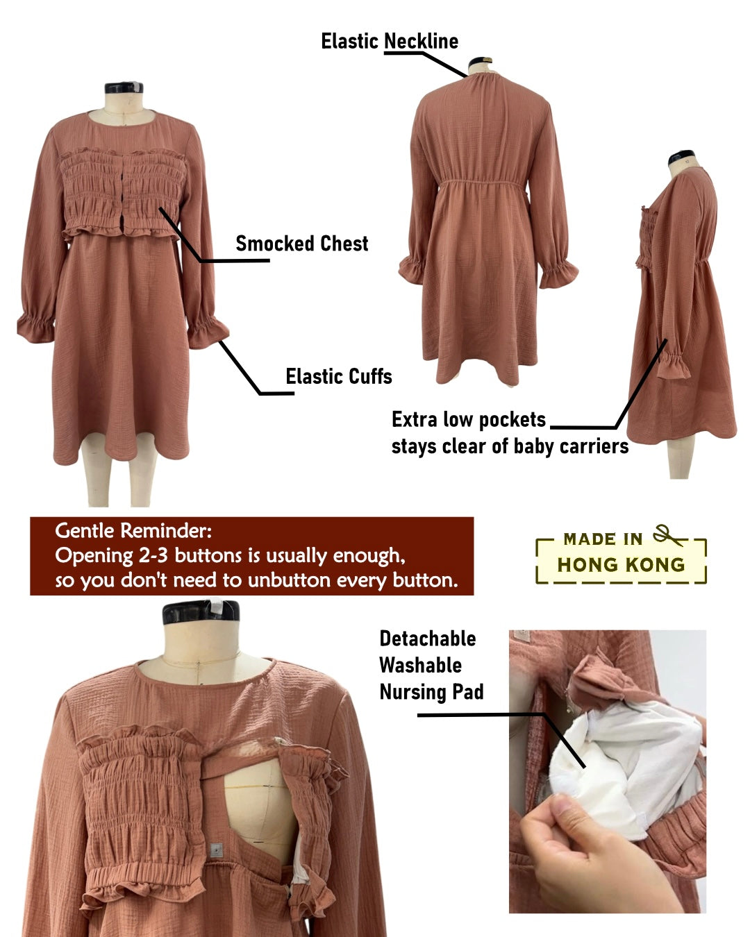 100% Cotton Muslin Long Sleeve Maternity Dress / Made in Hong Kong