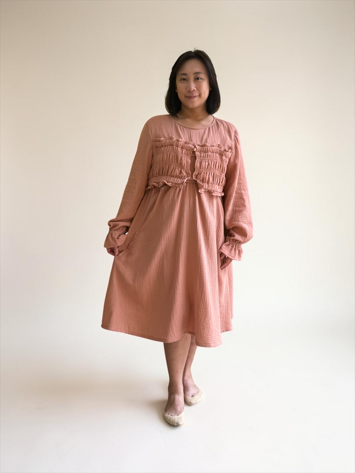 100% Cotton Muslin Long Sleeve Maternity Dress / Made in Hong Kong